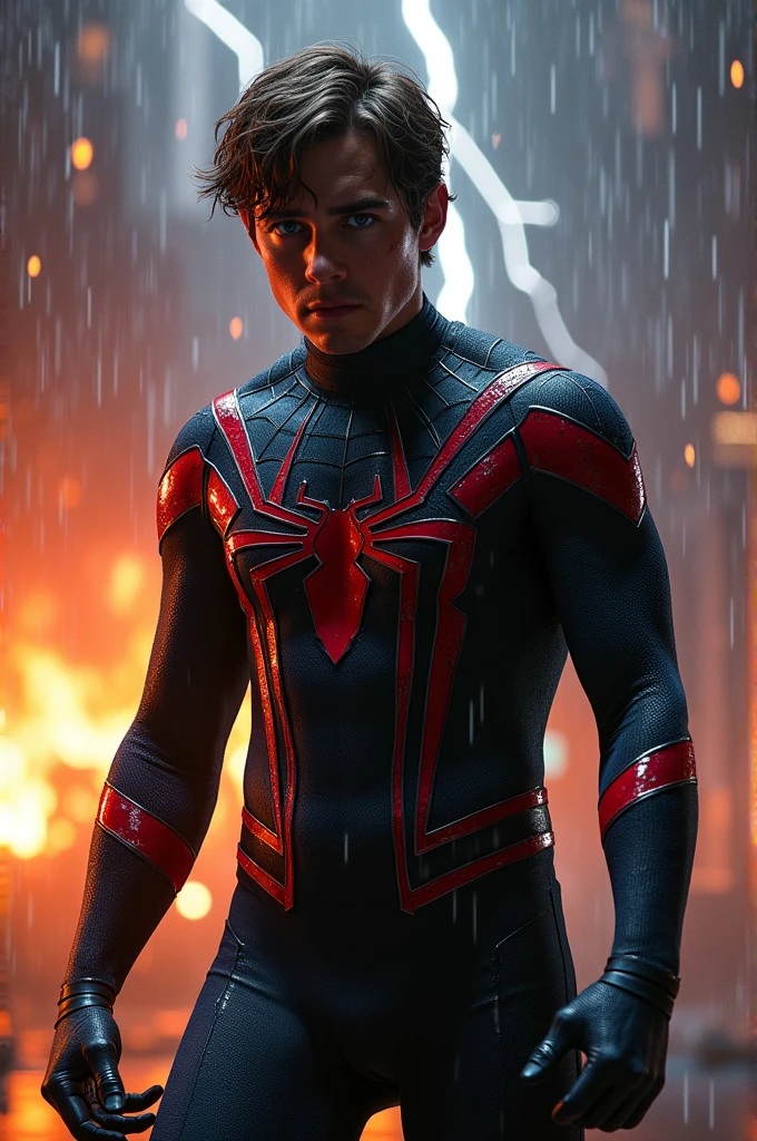 Tom Holland Spider Man.It is raining. The background is a cacophony of fire and lightning and he is injured. He is wearing the secret wars suit. It is raining.black and blue all over the suit with red lining, he has short hair