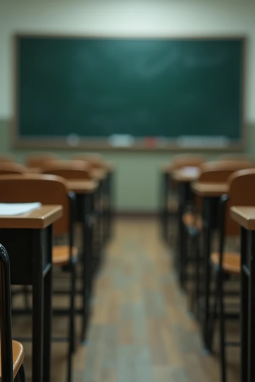 The background is slightly blurred、classroom、blackboard、A photo taken from in front of a set of desks among a row of desks and chairs.