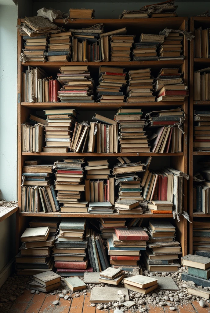 Super detailed、Ultra HD、A photo of a disorganized bookshelf with a messy arrangement。