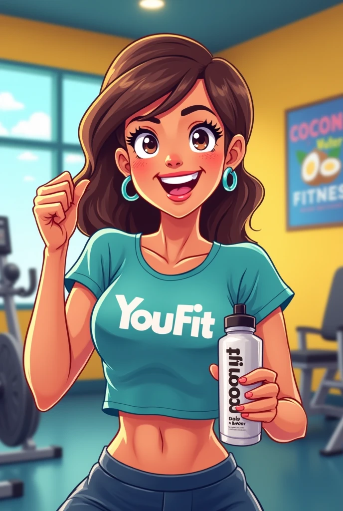 cartoon woman in the gym drinking from a bottle with coconut water written on it with a t-shirt with youfit written on it