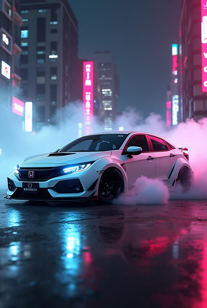 Two Honda City 2009 in neon white lowed spoiler in cyberpunk drifting 