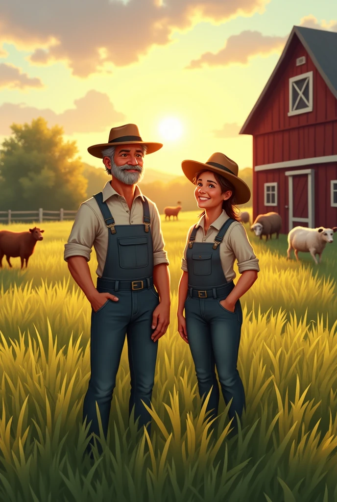 Farmer Joe and Farmer Sally stretching and smiling as the sun rises, with the farm's barn and animals in the background.