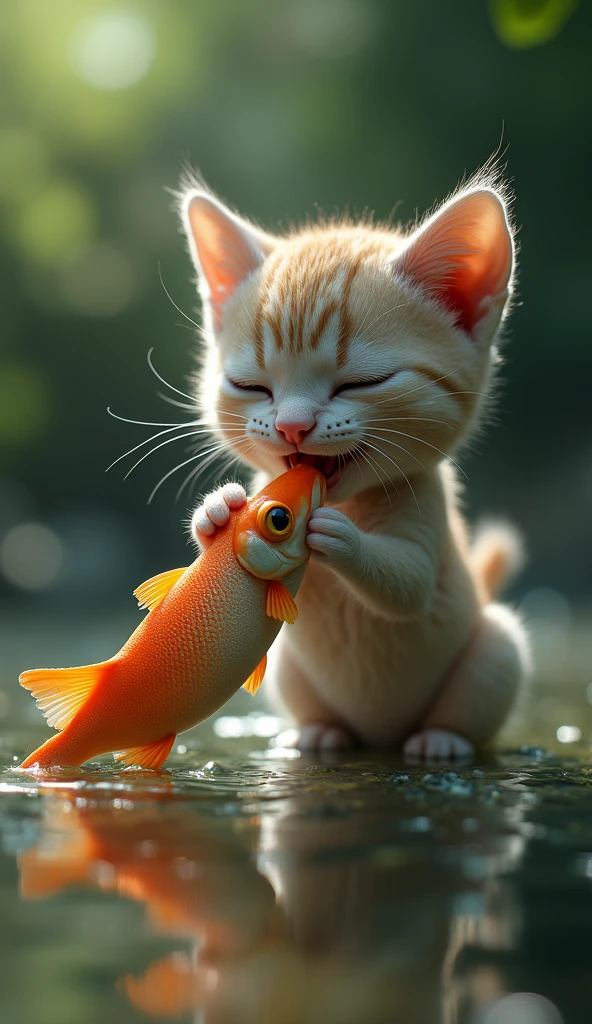 (photorealism:1.2), a lone cat joyfull with fish