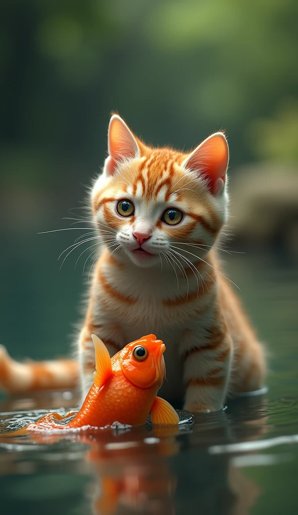 (photorealism:1.2), a lone cat joyfull with fish