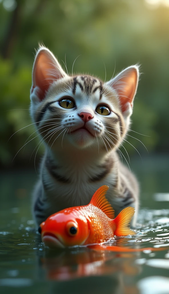 (photorealism:1.2), a lone cat joyfull with fish