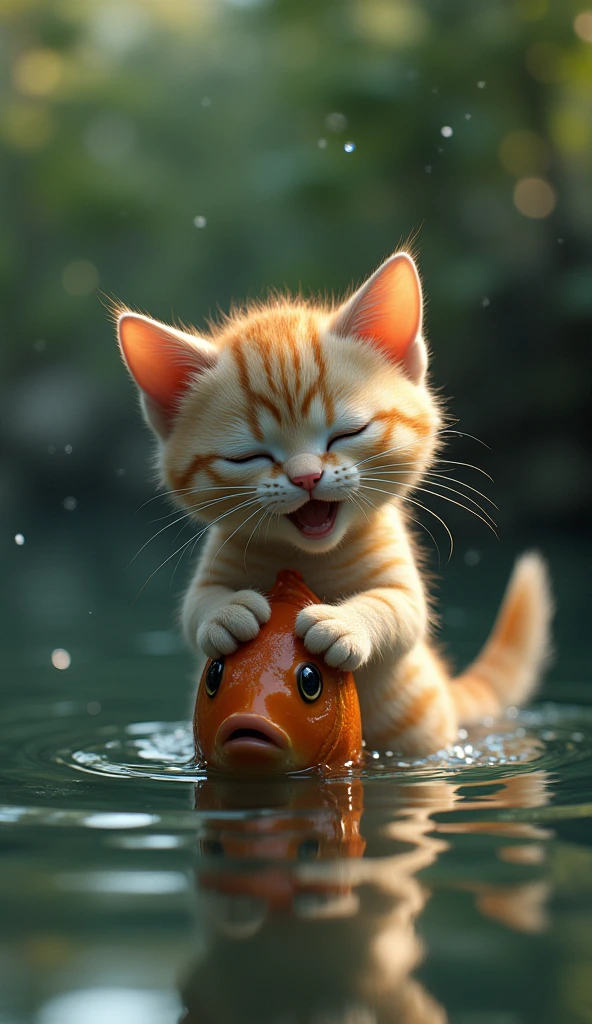 (photorealism:1.2), a lone cat joyfull with fish