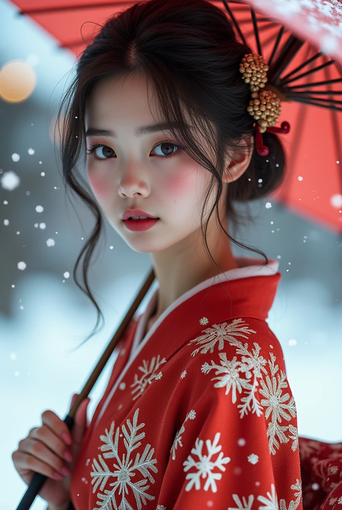 (masterpiece,Highest quality:1.4),(8k,RAW Photos,Photorealistic:1.4),Ultra-high resolution, ,(Glowing Skin:1.4),Detailed肌,Detailed顔,Detailed目,(Beautiful and shining eyes:1.2),Symmetrical eyes,Detailed耳,One person,Natural Makeup,(((Idol))),,Detailed背景,Vivid background,Beautiful and shiny hair,,((Average teenage breasts)),,(Detailed: Sexy Japanese kimono with snowflake pattern,,Snow falling background,Holding an umbrella,mysterious,whole body),,((Sharp Face)),Natural light,,(Very detailed ,,online shopping,LUMINE® Market,),real,,Professional,(Detailed,Location was great.),