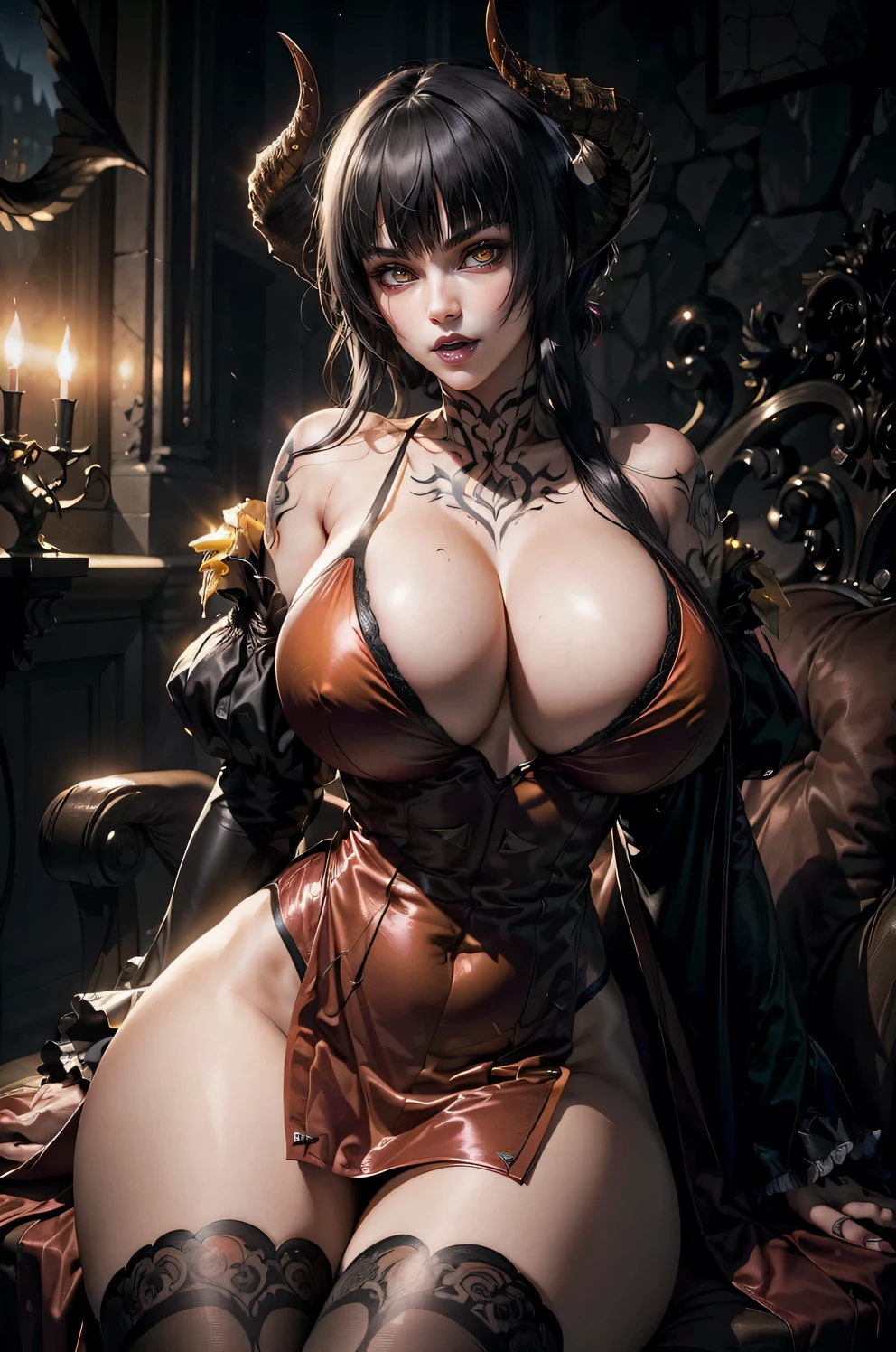 (masterpiece, best quality, perfect face, (beautiful and aesthetic:1.2), extremely detailed, highest detailed face), ((beautiful Elize), (black hair, blunt bangs, short hair with long locks), (yellow eyes:1.4), (pale skin), slit pupils, horns, fake breasts, huge breasts, (narrow waist:1.2), thicc thighs, (narrow hips)), long legs, (slender body:1.2), (makeup, chest tattoo, vampire, demon horns, mascara, eyeshadow, red lips), (red outfit:1.2), (dark fantasy background, (inside evil castle, in dark chamber), (night:1.4), dimly lit), (yawning:1.3), sitting sexy pin-up pose, looking at viewer, full shot, solo, (elegant, intricate, detailed digital art, high quality, 4k, extremely detailed, sharp, CG, 2D, dramatic light, HDR),