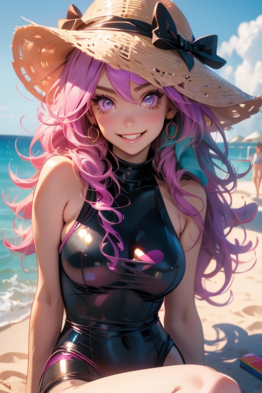 Perfect face. Perfect hands. A pink haired woman with violet eyes and an hourglass figure in a cute one-piece swimsuit is laying on the beach with a big smile