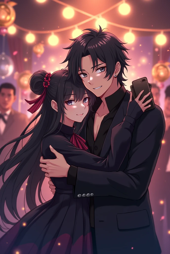 Take a picture of Lilith Tsumuko with her man Tegen Uzui of the Demon Slayer anime. Lilith is a new woman in the anime, she has long black hair with gray eyes and Uzui is a big man human, extravagant
Hashira already a character from the Demon Slayer anime itself. The two are very happy in the couple selfie and the scenery is on a party, that is covered in the selfie of the two people. Demon Slayer anime.