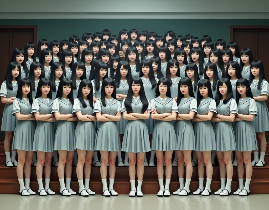 (Japanese Clone-girls=Myself), (Super Best masterpiece Clone-girls Raw Photography Art), (16K, Highest quality, Ultra-high resolution, RAW Photos), (It's so unrealistic., With unparalleled depiction, With an unfathomable sight, An unprecedented and shocking worldview, Clone-girls: In a world of mass reproduction, Ultra-realistic), (Japanese Girls, Suzuki-Rio, 16yo, Small face, Thick black hair, long hair, Dark Eyes, Mature face, Cute Smile, Smiling face, A gentle gaze, Very pleasant look), (Very beautiful detailed girls, Accurate body structure, Accurate body movements, Very detailed body, (Super big breasts, Large bulge of ample breasts)), ((Schoolgirl uniform, Short sleeve, mini skirt, Emphasise the fullness of your breasts)), (Very detailed, Myself cloning, Depiction of splitting oneself, 1Myself girl→1,000,000,000,000,000,000,000,000,000,000Myself cloning girls), (Myself clone girlsは, With the same perfect appearance, to multiply in large numbers), (Very detailed depiction, Myself's multiplying female body, In the same female body,With the same face, With the same hairstyle, In the same clothes, At the same height, 同じSuper big breastsで, A completely indistinguishable female body, 1,000,000,000,000,000,000,000,000,000,000 people), (Myself girls only), (Academy, academic level, Commemorative photo depiction, Tiered stage photography, Happy smile, Front view)