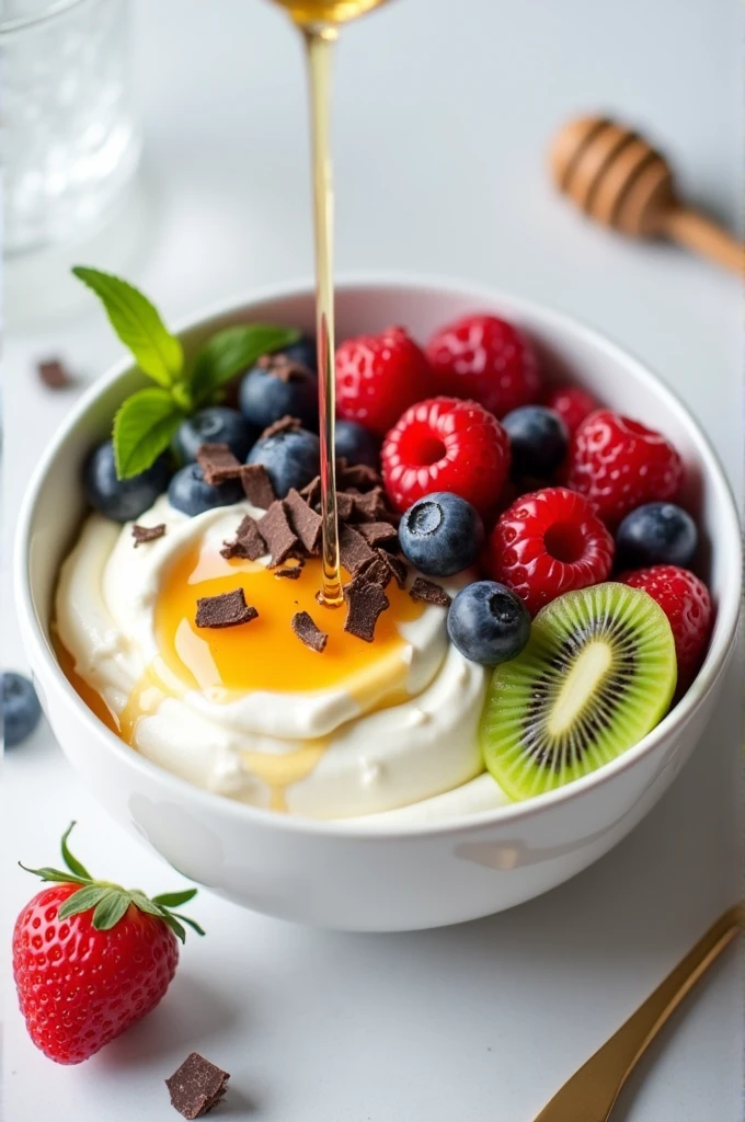 bowl with Greek yogurt, raw honey, bee pollen, berries, kiwi and dark chocolate