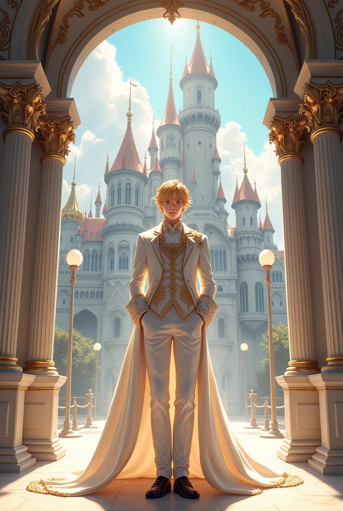 ((Fantasy Anime Style)) (( MAPPA Studio Art Style)) ,{{Special Facial Details}} ,Anime prince with golden hair,Sweet face, white skin, slim figure, Light blue eyes,Wearing a white royal style dress decorated with luxurious accessories. Long white pants,Put on black leather shoes, Stand with your hands in your pants pockets.The background is a large and beautiful castle,Hyper, complex, astonishing, precise, surprising, surprising, beautiful, sublime, exquisite {{{masterpiece}}} {{{best quality} }}, {{special details}}, {light, film} , {illustration}