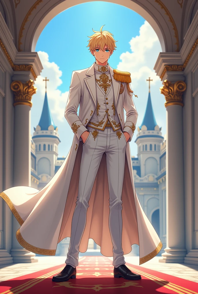 ((Fantasy Anime Style)) (( MAPPA Studio Art Style)) ,{{Special Facial Details}} ,Anime prince with golden hair,Sweet face, white skin, slim figure, Light blue eyes,Wearing a white royal style dress decorated with luxurious accessories. Long white pants,Put on black leather shoes, Stand with your hands in your pants pockets.The background is a large and beautiful castle,Hyper, complex, astonishing, precise, surprising, surprising, beautiful, sublime, exquisite {{{masterpiece}}} {{{best quality} }}, {{special details}}, {light, film} , {illustration}