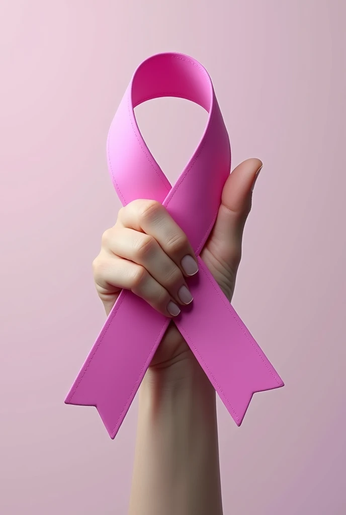 Build me a large realistic hand wrapped around a pink ribbon with light blue fading at the junction representing the breast cancer pink ribbon.
