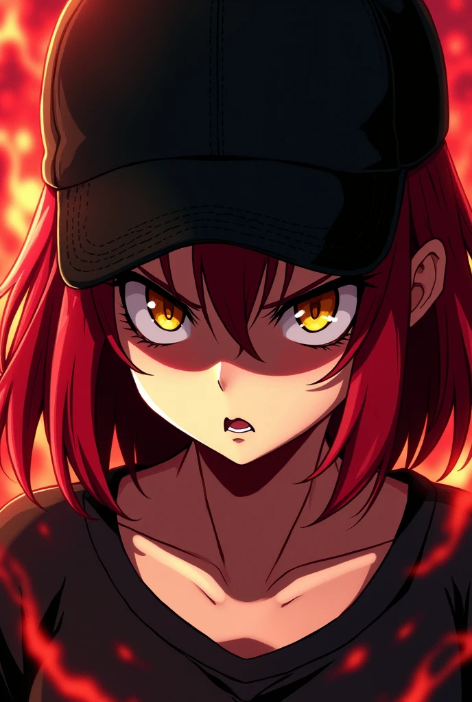 POV super close up of a fearless angry anime girl with yellow eyes, bobbed red hair and a black baseball hat. Half of her face is shadowed by her hat and the perspective. She is gazing with an intimidating determination, looking almost creepy in her mighty presence. It seems she is emanating some sort of tangible energy around her. Anime style, drawing, digital art, illustration