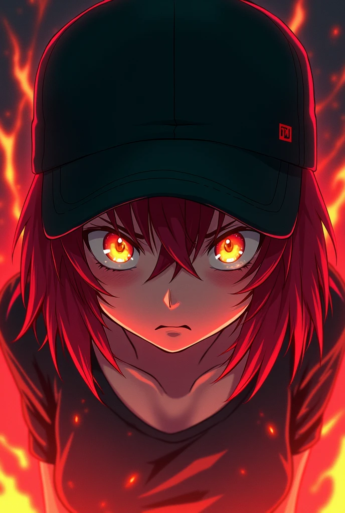 POV super close up of a fearless angry anime girl with yellow eyes, bobbed red hair and a black baseball hat. Half of her face is shadowed by her hat and the perspective. She is gazing with an intimidating determination, looking almost creepy in her mighty presence. It seems she is emanating some sort of tangible energy around her. Anime style, drawing, digital art, illustration