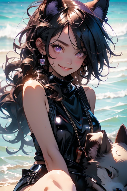 Perfect face. Perfect hands. A black haired woman with violet eyes and black fox ears and a black fox tail in a cute one-piece swimsuit is smiling while laying on the beach