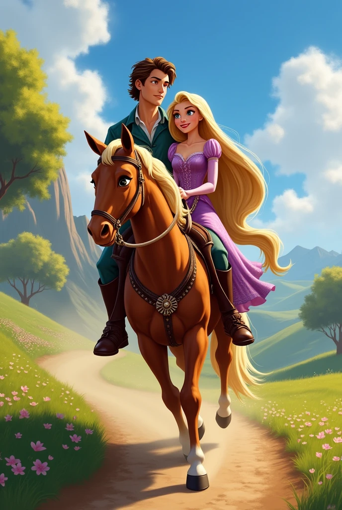 Rupunzel and Flynn Rider riding on his horse