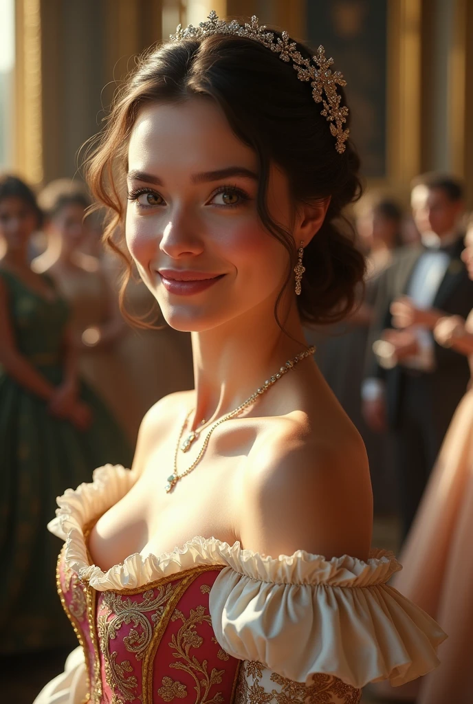Beautiful girl wearing baroque era banquet costume.Her smile is like spring breeze.Melt the hearts of the men present.