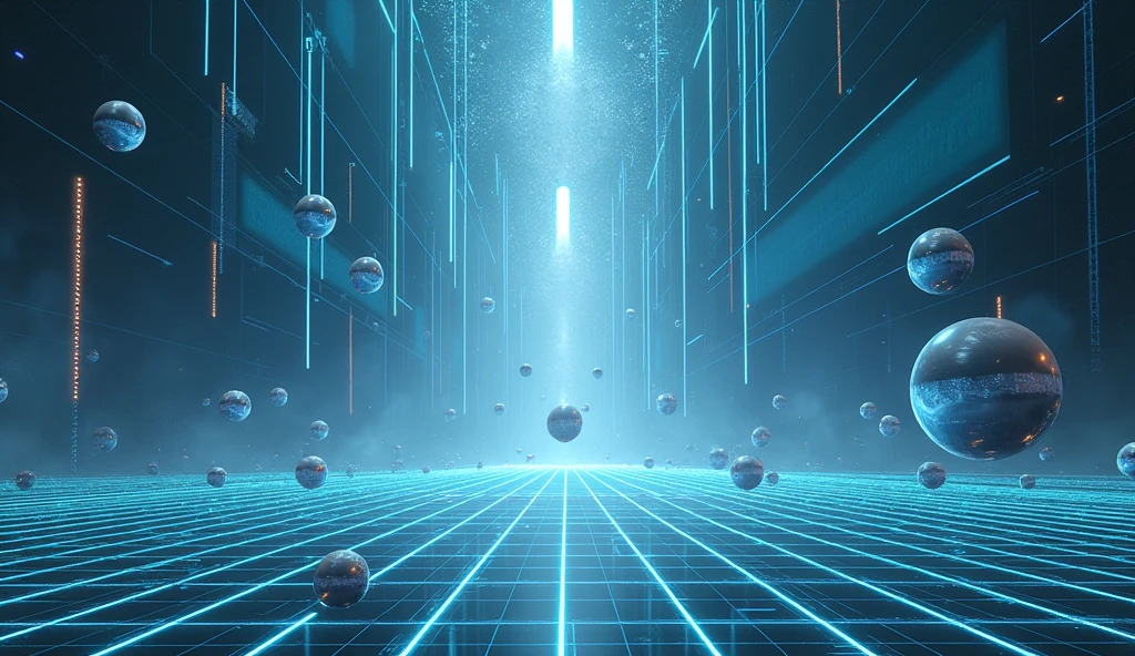 a landscape shot from The Tron movie of the The Sea of Simulation area that existed within the ENCOM Mainframe,[1] the Sea of Simulation featured a geometric surface from which digital "bubbles" or spheres slowly floated upward; these could be hazardous for vehicles flying over the area. The sea also frequently generated gridbugs, insect-like creatures which could cause glitches in the system. The most common method of transport over the sea was by Solar Sailer, with frequent beams crossing the sky; recognizers could also use the beams for navigation and support. in the style of IMAX FILMS. surreal world, realistic, photorealism, high resolution, best quality, sharp details, 4K HDR