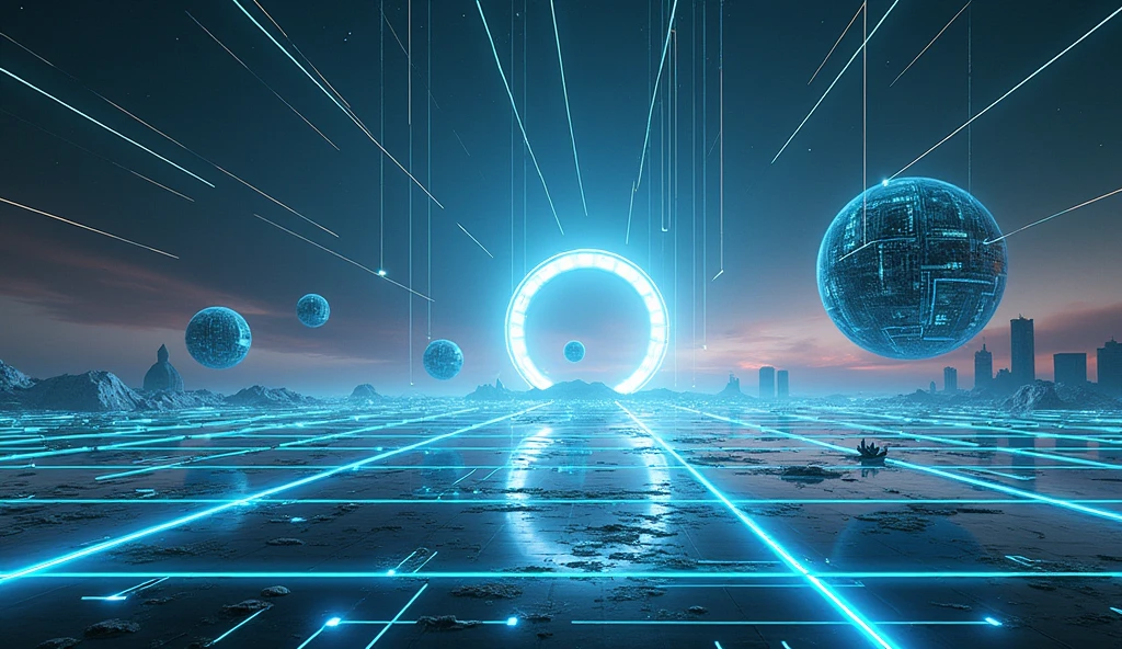 a landscape shot from The Tron movie of the The Sea of Simulation area that existed within the ENCOM Mainframe,[1] the Sea of Simulation featured a geometric surface from which digital "bubbles" or spheres slowly floated upward; these could be hazardous for vehicles flying over the area. The sea also frequently generated gridbugs, insect-like creatures which could cause glitches in the system. The most common method of transport over the sea was by Solar Sailer, with frequent beams crossing the sky; recognizers could also use the beams for navigation and support. in the style of IMAX FILMS. surreal world, realistic, photorealism, high resolution, best quality, sharp details, 4K HDR