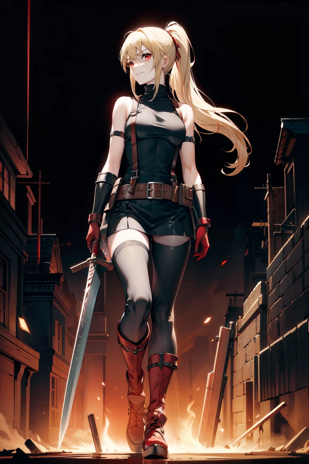 (masterpiece, best quality:1.2), red glowing eyes, red eyes, the eyes are red, perfect face, highres, 1 girl, solo, ultra long ponytail, (female:1.5), strife, blonde hair, shoulder armor, sleeveless turtleneck, suspenders, belt, gloves, bracer, evil smile, standing, portrait, looking at viewer, giant sword on the back, long leather boots, fullbody shot