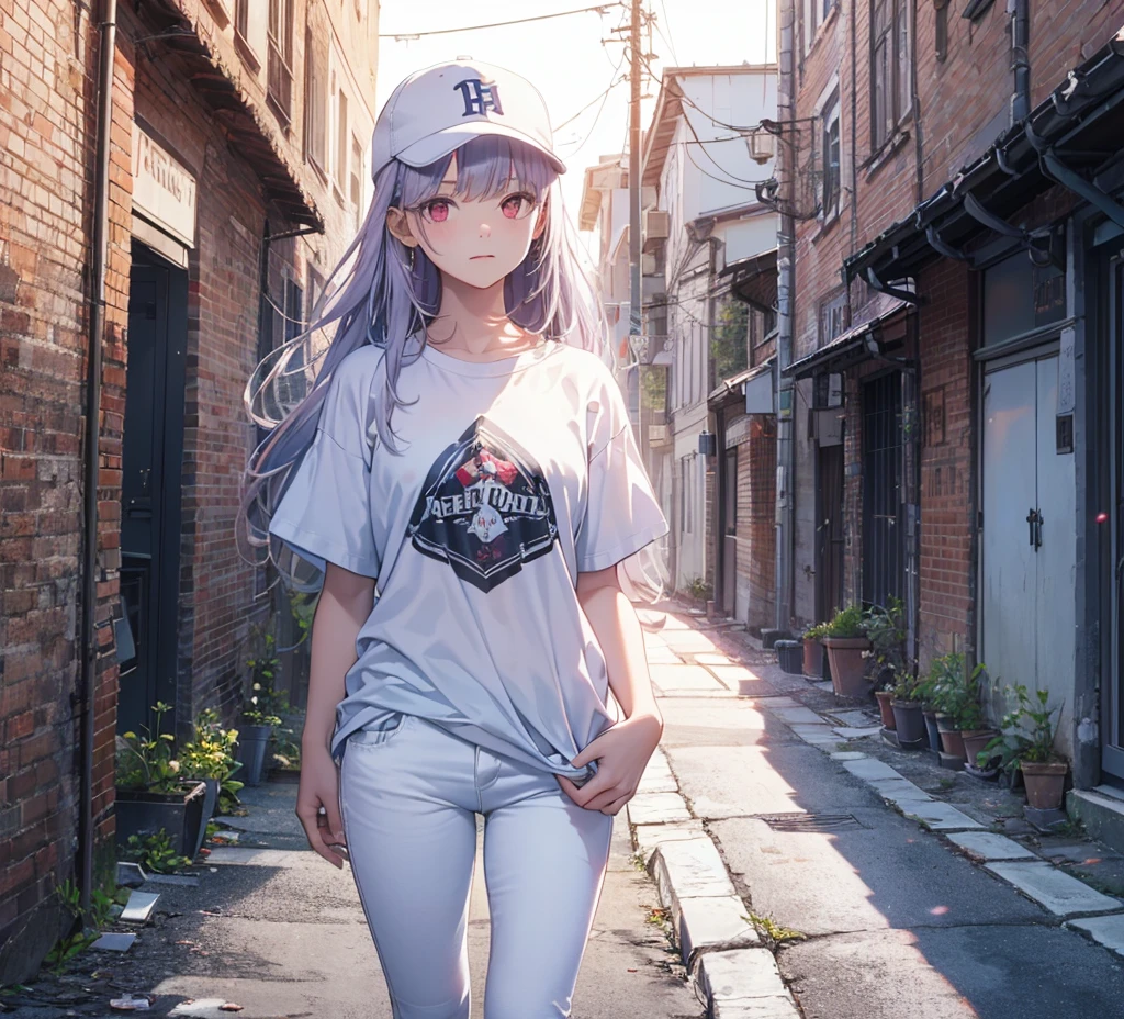(Close-up:1.3),Realistic,Highest quality, Super detailed, High-quality CG rendering, The most delicate and beautiful, Floating softly, High resolution, (1 person), (Highest quality,4K,8k,masterpiece:1.2), Light purple hair,(Long Hair:1.5),Red eyes,(Pure white oversized short sleeve T-shirt:1.3),(Pure white skinny jeans:1.3),(Pure white baseball cap:1.3),In the city,old buildings,Narrow back alley,(front:1.3),(Are standing:1.3)