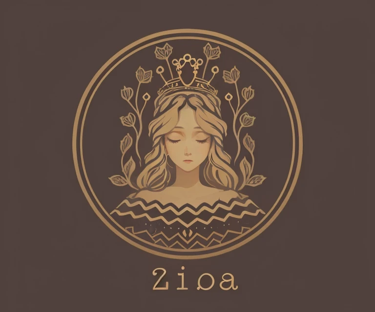 Hello, I would like you to generate an image similar to the following: Description: I want an illustration of a woman with long wavy hair, in a minimalist style. She should be looking up and should have a crown on her head, within a circle. The color palette should be in warm tones, like gold and brown, on a dark background. Elements to Include: Long wavy hair A circular design Minimalist style Please, keep the essence of the original image, but if it is possible, add a unique touch. It's for a clothing brand, it's the logo