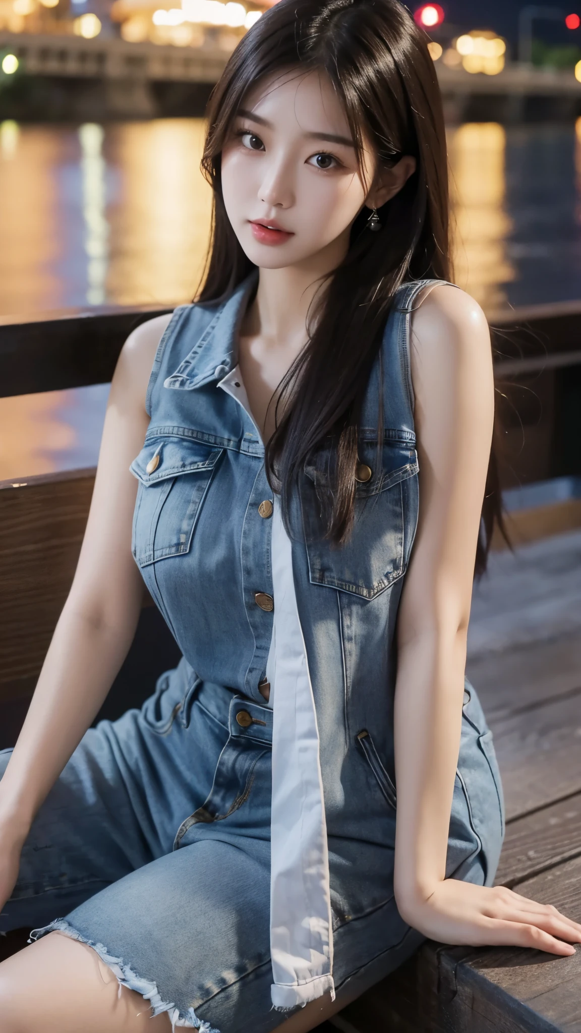 close-up of beautiful beautiful korean female, 34 inch breasts size, wearing sleeveless denim jacket, sitting at the river, night, UHD