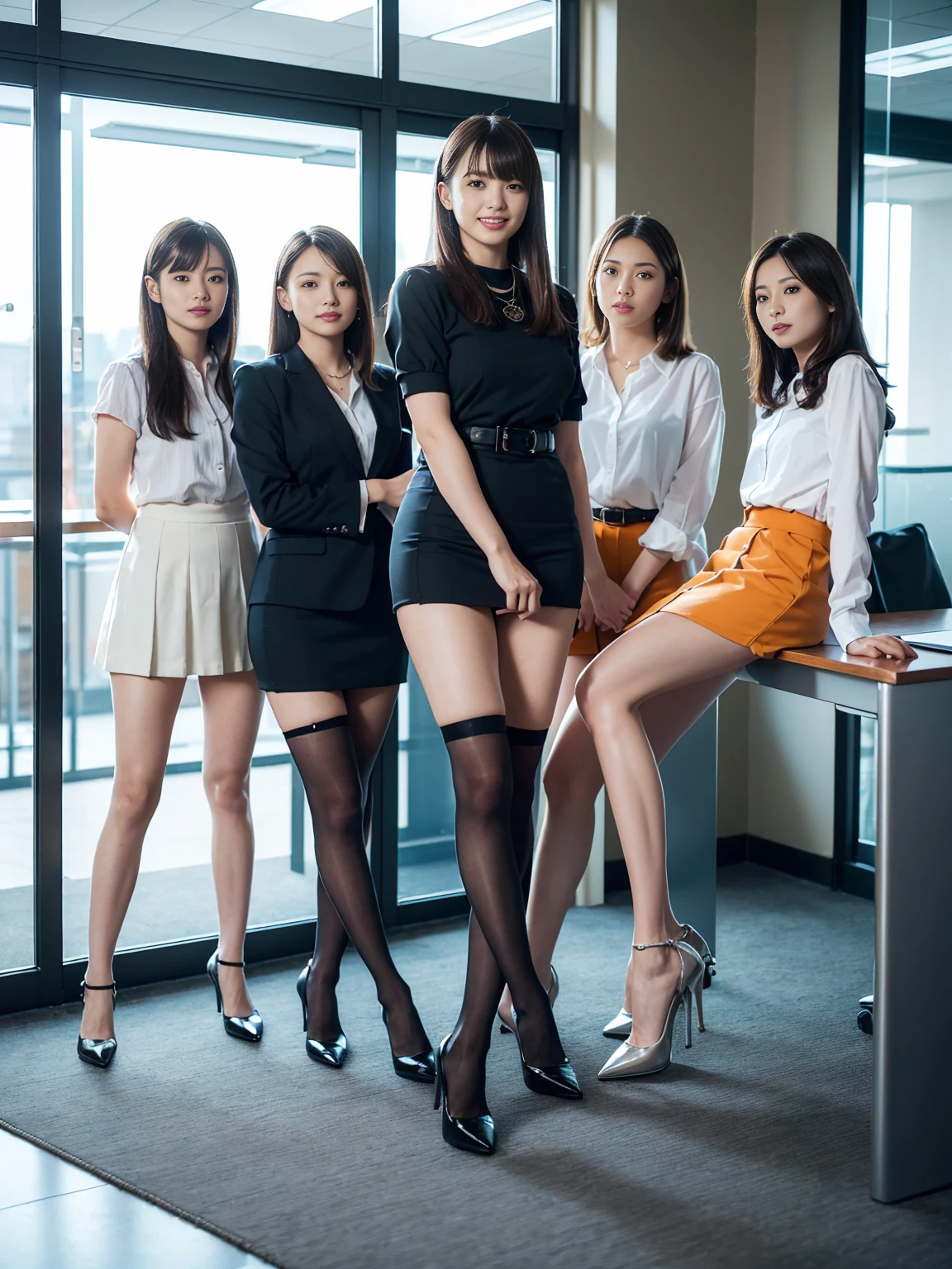 (Highest quality, masterpiece, Photorealistic, Super detailed, Ultra-high resolution, born:1.3), (Three Girls:1.3), beautiful, Japanese, mature, 2, office workers, (Close bonds, Short skirt),(stockings),(smile), (bangs), high waist, necklace, (office, indoor, Glass Room), (Long legs, High heels, whole body:1.2), (crowd)