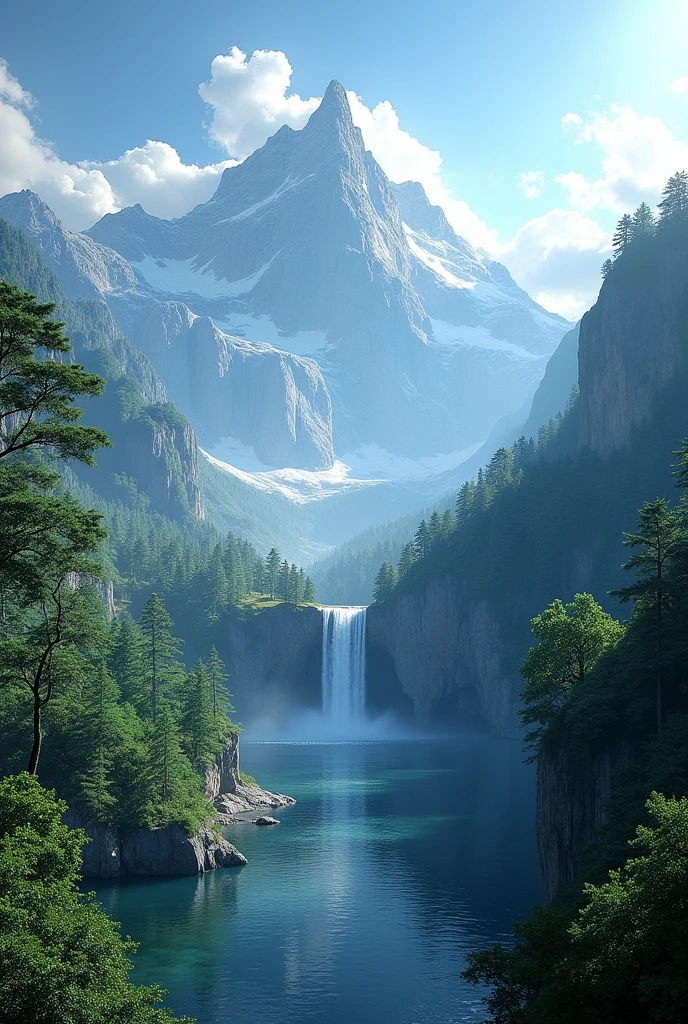 masterpiece, best quality, high quality, extremely detailed CG unity 8k wallpaper, scenery, outdoors, sky, cloud, day, no humans, mountain, landscape, water, tree, blue sky, waterfall, cliff, nature, lake, river, cloudy sky,award winning photography, Bokeh, Depth of Field, HDR, bloom, Chromatic Aberration ,Photorealistic,extremely detailed, trending on artstation, trending on CGsociety, Intricate, High Detail, dramatic, art by midjourney