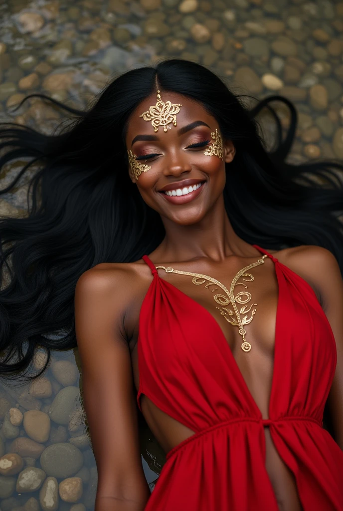 Black woman. Honey light brown skin. Intricate Gold pattern on her face. Very beautiful. Smiling. Long Waist length black hair. Red dress with slit. Lying on a river bed. Ultra high quality. Masterpiece. detailed.