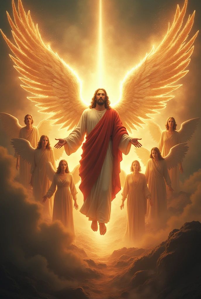 Jesus returning without wings with all power, together with the angels to the earth