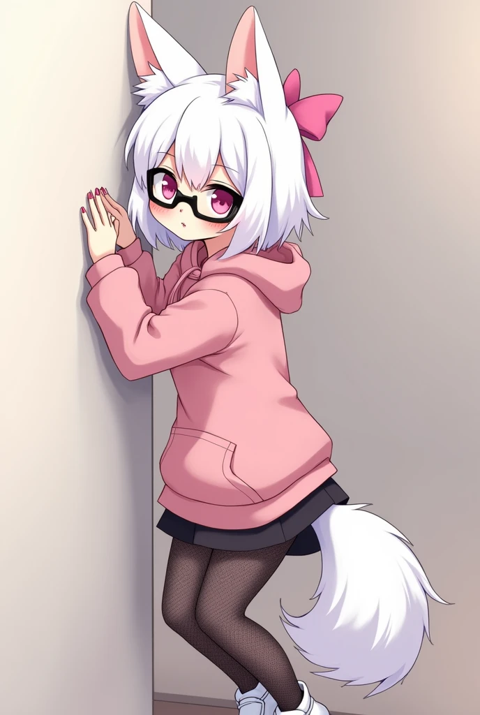 I have white hair white fox ears, a bow, My face is super blushing, black glasses, pink heart eyes, a big pink sweatshirt, painted nails a skirt down black shorts, black mesh stockings, White shoes, a fox tail a very shy girl i'm hitting you a wall grabbing her butt she's also pouting