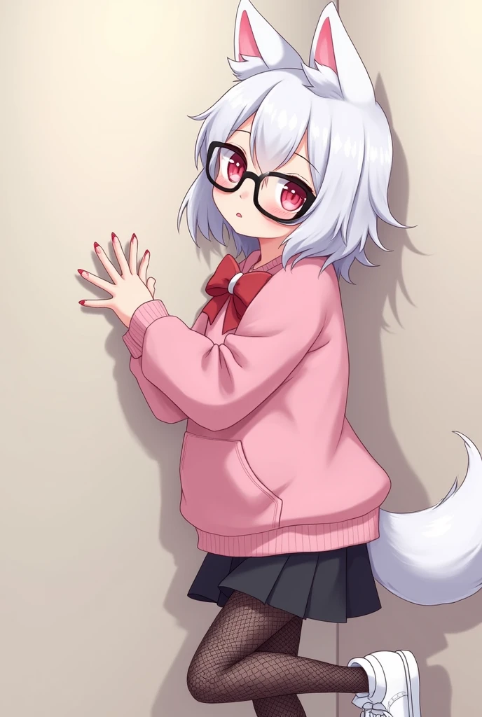 I have white hair white fox ears, a bow, My face is super blushing, black glasses, pink heart eyes, a big pink sweatshirt, painted nails a skirt down black shorts, black mesh stockings, White shoes, a fox tail a very shy girl i'm hitting you a wall grabbing her butt she's also pouting