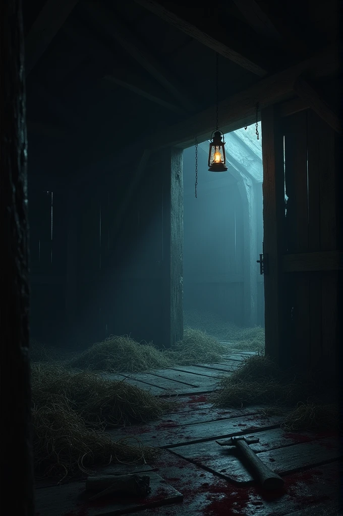 An eerie depiction of a barn interior at dusk, with dark, blood-stained hay scattered across the floor. A broken lantern hangs from a beam, casting dim, flickering light. In the shadows, the faint outline of an axe is visible, adding a sense of foreboding. The atmosphere is tense and chilling, with cold, muted colors and deep shadows."