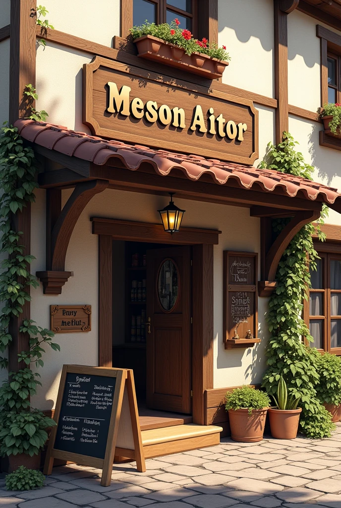 Village inn with a sign that says Meson Aitor on top of the door and next to the door a standing sign that says daily menu