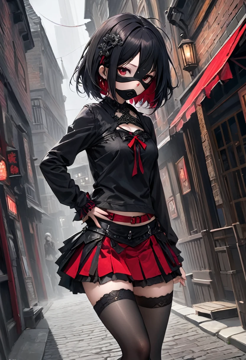 Gothic Punk、The inside color is red、Black-haired、hair ornaments、Beautiful girl、creative、Dark Fantasy Style、Goth Fashion,Frightened expression,fear,19th century London,Tight mini skirt、Fine skin、Realistic textured hair、((Black Mask)),Whole Body Ezbian, Complex clothing,Are standing, Panties visible from under the skirt, Panties in full view, Angle from the feet, Angle from below, Angle looking up from below