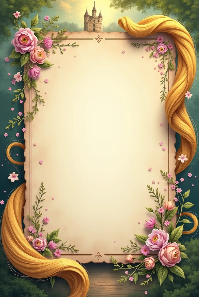 Create a letter with space to write and everything around it decorated with a Rapunzel theme