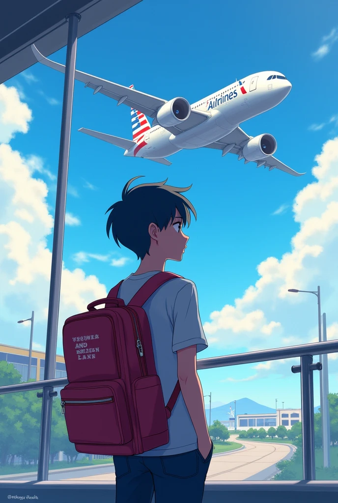 An adult student is in airport watching plane flying with his bag
In his full school bag   it's  written Cyber security engineer 
Matched with his dress colour 
Anime character
Good hairstyle 
In plane it's written American airlines 
Beautiful view 