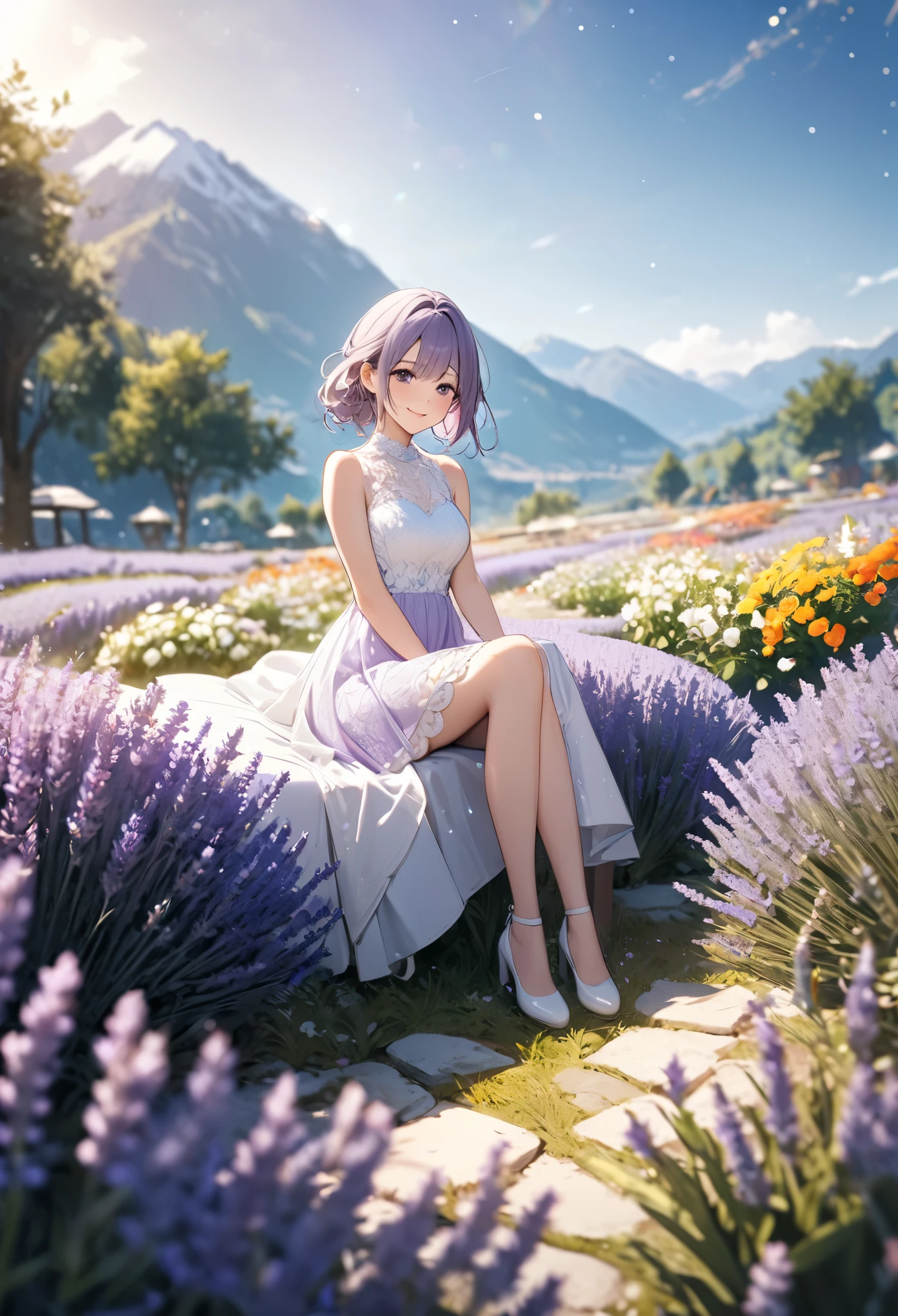 1girl,lavender,white short dress,lace dress,smile,flower garden,full body,sitting,mountains in the distance,light particles,(Depth of field,cinematic angle,cinematic lighting:1.2),blurry background,blurry foreground,(masterpiece:1.2),(best quality:1.2),(very aesthetic:1.2),(absurdres:1.2),(detailed background),newest,intricate details