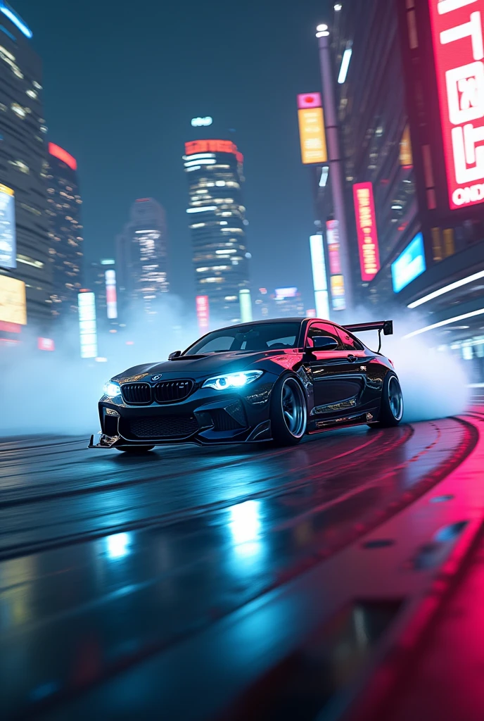 Honda City 2009 in neon white lowed spoiler in cyberpunk drifting with bmw