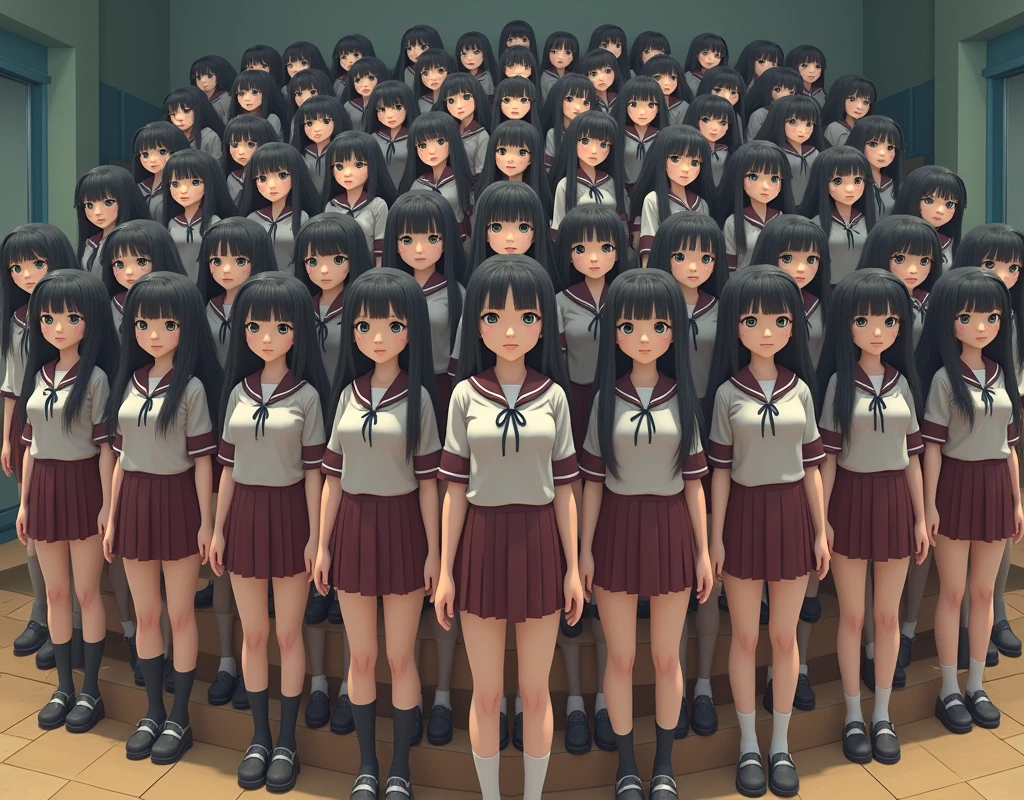 (Japanese Clone-girls=Myself), (Super Best masterpiece Clone-girls Raw Photography Art), (16K, Highest quality, Ultra-high resolution, RAW Photos), (It's so unrealistic., With unparalleled depiction, With an unfathomable sight, An unprecedented and shocking worldview, Clone-girls: In a world of mass reproduction, Ultra-realistic), (Japanese Girls, Suzuki-Rio, 16yo, Small face, Thick black hair, long hair, Dark Eyes, Mature face, Cute Smile, Smiling face, A gentle gaze, Very pleasant look), (Very beautiful detailed girls, Accurate body structure, Accurate body movements, Very detailed body, (Super big breasts, Large bulge of ample breasts)), ((Schoolgirl uniform, Short sleeve, mini skirt, Emphasise the fullness of your breasts)), (Very detailed, Myself cloning, Depiction of splitting oneself, 1Myself girl→1,000,000,000,000,000,000,000,000,000,000Myself cloning girls), (Myself clone girlsは, With the same perfect appearance, to multiply in large numbers), (Very detailed depiction, Myself's multiplying female body, In the same female body,With the same face, With the same hairstyle, In the same clothes, At the same height, 同じSuper big breastsで, A completely indistinguishable female body, 1,000,000,000,000,000,000,000,000,000,000 people), (Myself girls only), (Academy, academic level, Commemorative photo depiction, Tiered stage photography, Happy smile, Front view)