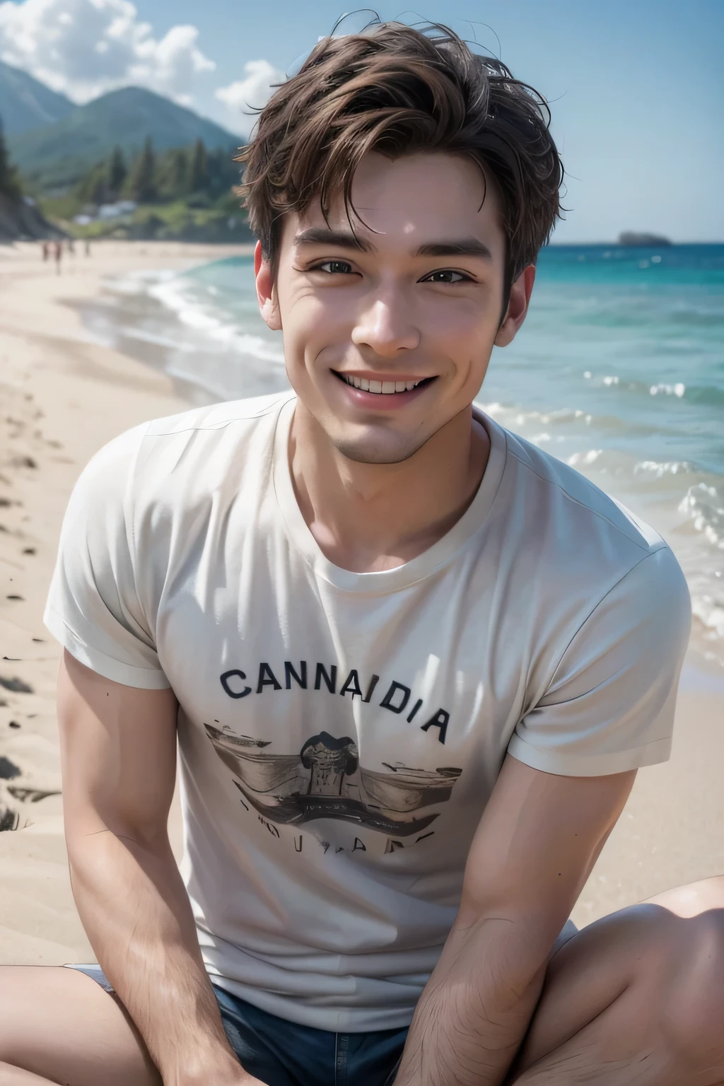 Handsome Canadian man in a t-shirt、Sandy Beach、A kind smile、2