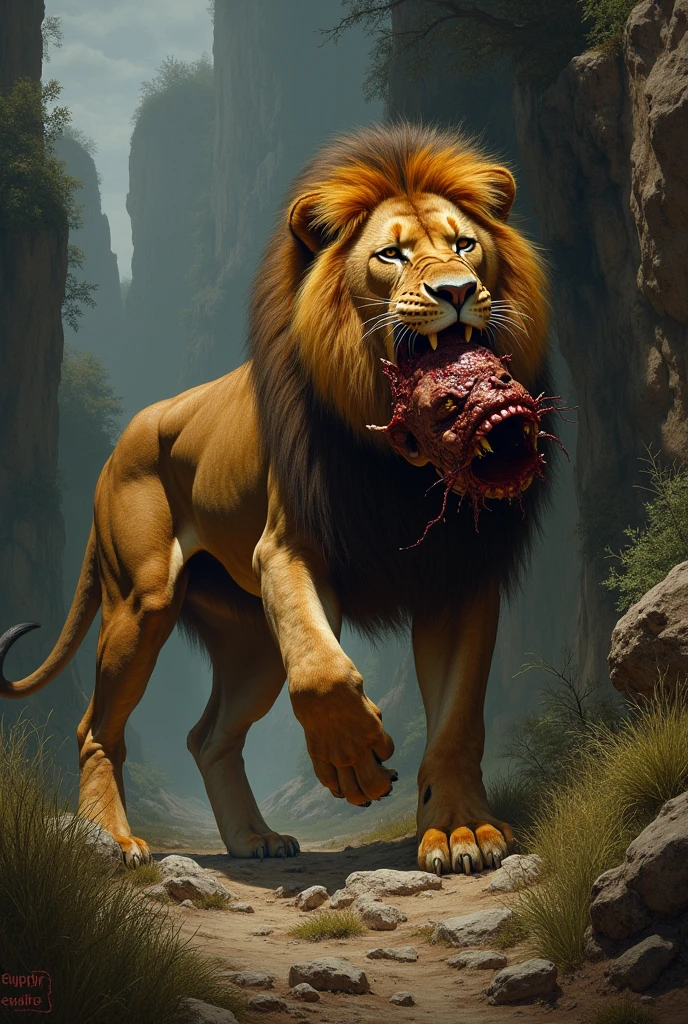 lion with wounds, carrying hunter's head in mouth