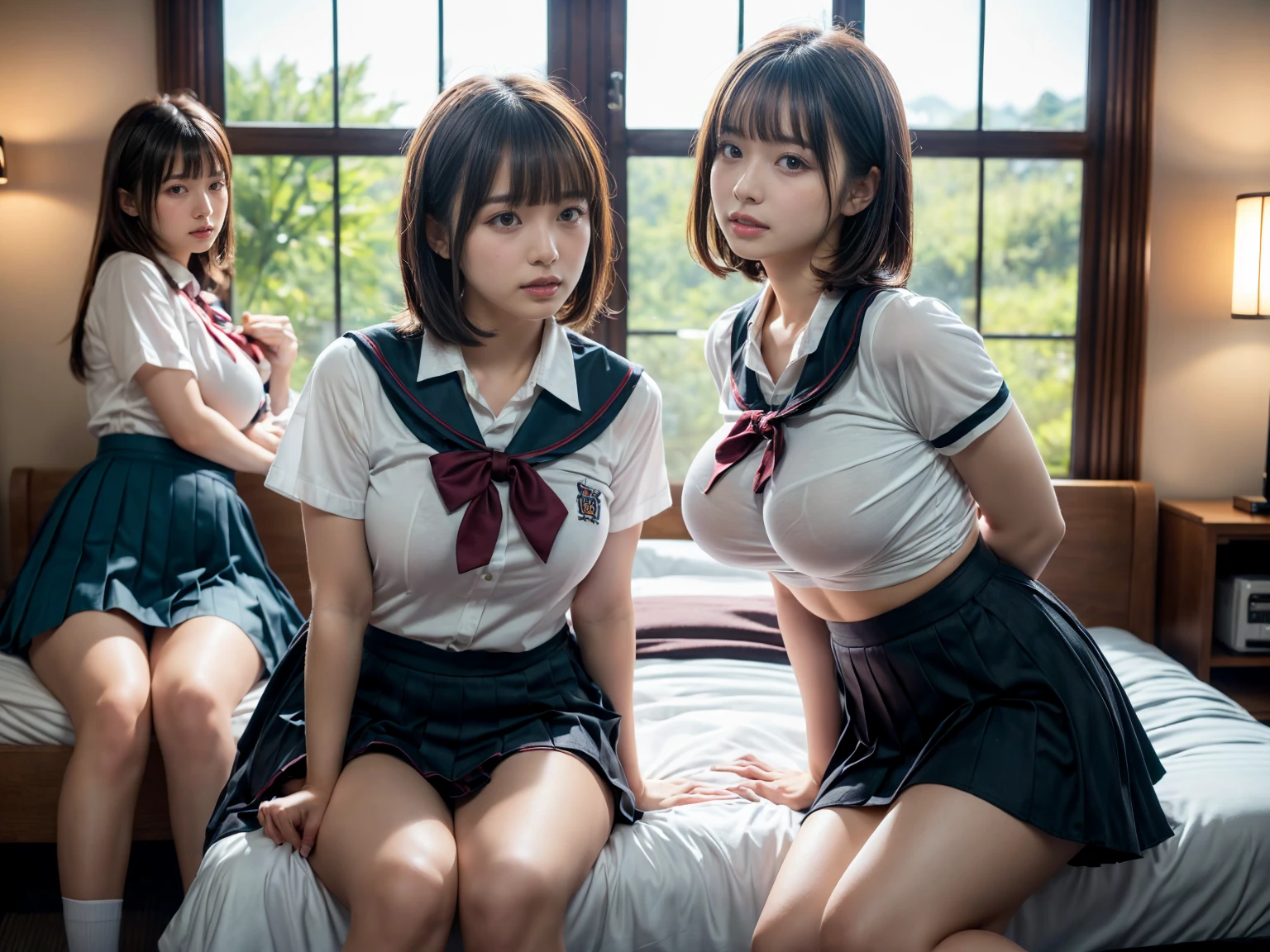 (RAW photo, 4k, masterpiece, high resolution, extremely complex) (realistic: 1.4), cinematic lighting
((2 girls, 2 schoolgirls)),Slam Dunk's,blushing,((innocent)),(Dark makeup),bright eyes,round eyes,blunt bangs,(short bob hair:1.3),black hair,large breasts,wide hips,Summer Noon, ,Hot, (Best Quality), (Highres), (an Extremely Delicate and Beautiful),(Beautiful 8k face),(Brown eyes),short bob hair,( spectators),(gigantic breasts),(Play with each other,Touching each other's bodies,Touching the body),(Japanese high school uniform:1.3),blue skirt,(reality),bright lighting,(The background is a luxury hotel room)