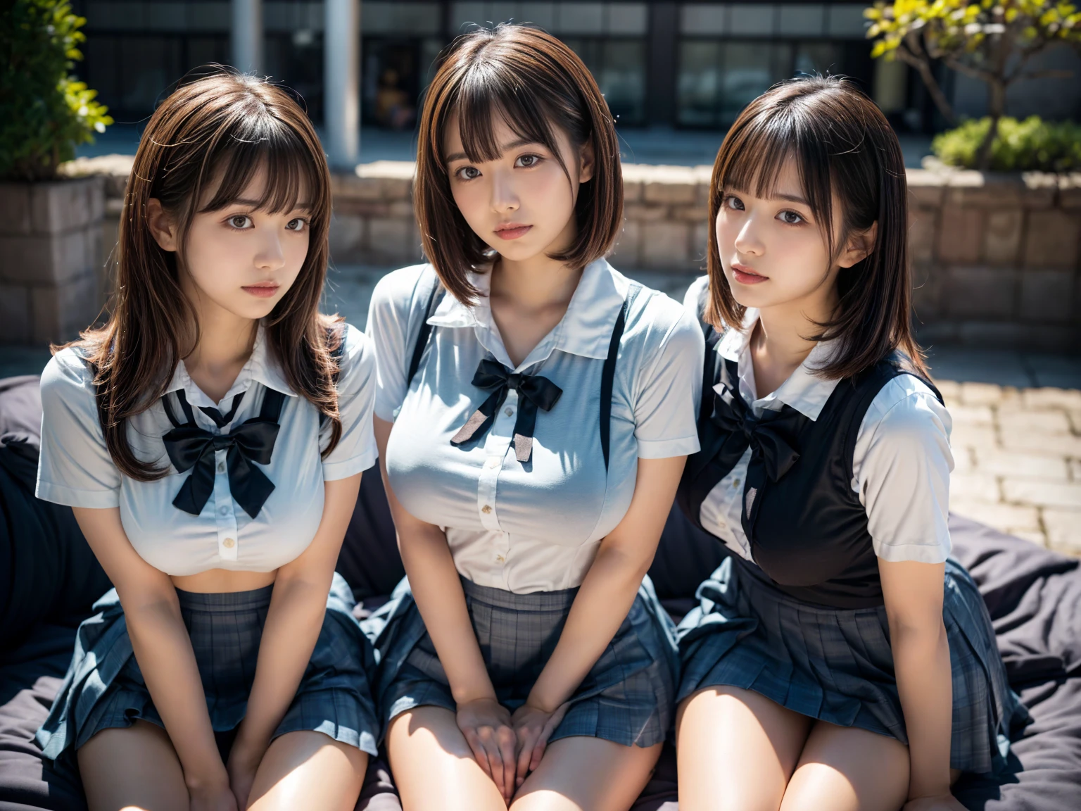 (RAW photo, 4k, masterpiece, high resolution, extremely complex) (realistic: 1.4), cinematic lighting
 ((2 girls, 2 schoolgirls)),Slam Dunk's,blushing,((innocent)),(Dark makeup),bright eyes,round eyes,blunt bangs,(short bob hair:1.3),black hair,large breasts,wide hips,Summer Noon, ,Hot, (Best Quality), (Highres), (an Extremely Delicate and Beautiful),(Beautiful 8k face),(Brown eyes),short bob hair,( spectators),(gigantic breasts),(Play with each other,Touching each other's bodies,Touching the body),(Japanese high school uniform:1.3),blue skirt,(reality),bright lighting,(The background is a luxury hotel room)