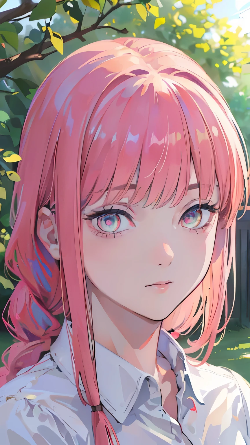 (best quality,4k,8k,highres,masterpiece:1.2),ultra-detailed,(realistic,photorealistic,photo-realistic:1.37)makima,formal photo,half body portrait,face portrait,face detailed,wearing a shirt,blushing face,pastel colors,portraits,vivid colors,midday lighting, middle bust