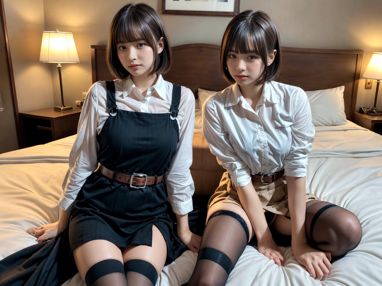 masterpiece, best quality, illustration, Super detailed, fine details, High resolution, 8K,wall paper, perfect dynamic composition,(Details High quality, realistic depiction of eyes:1.3), (2 girls), holster, bobby, Cutter shirt, a belt, suspenders, pleated skirt, garterbelts, knee high Stockings, sitting, open legs, short bob hair, in a hotel room in the background, deep on field, large breasts, black hair color, Big Natural Color Lip, (perfect body shape), crying a little、Harajuku style、20 year old girl、cute type、beautiful legs, Gravure Idol